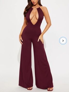 Vacay Baddie Jumpsuit Deep Plum Halter Wide-Leg Jumpsuit